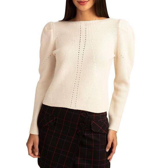 Trina Turk Dalhart Mixed-stitch Puff-shoulder Sweater In Ecru - L - Picture 1 of 1